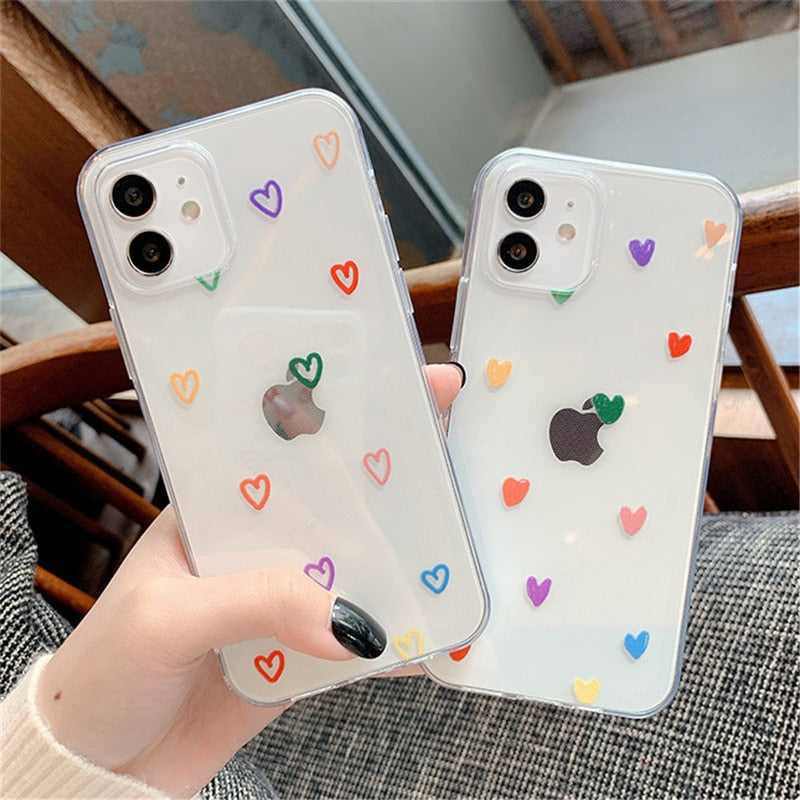 Capa de telefone transparente lindo coração de amor para iPhone 11 12 13 Mini 14 Plus Pro Max X XR XS Max 7 8Plus - Ottwn - A.S Foco